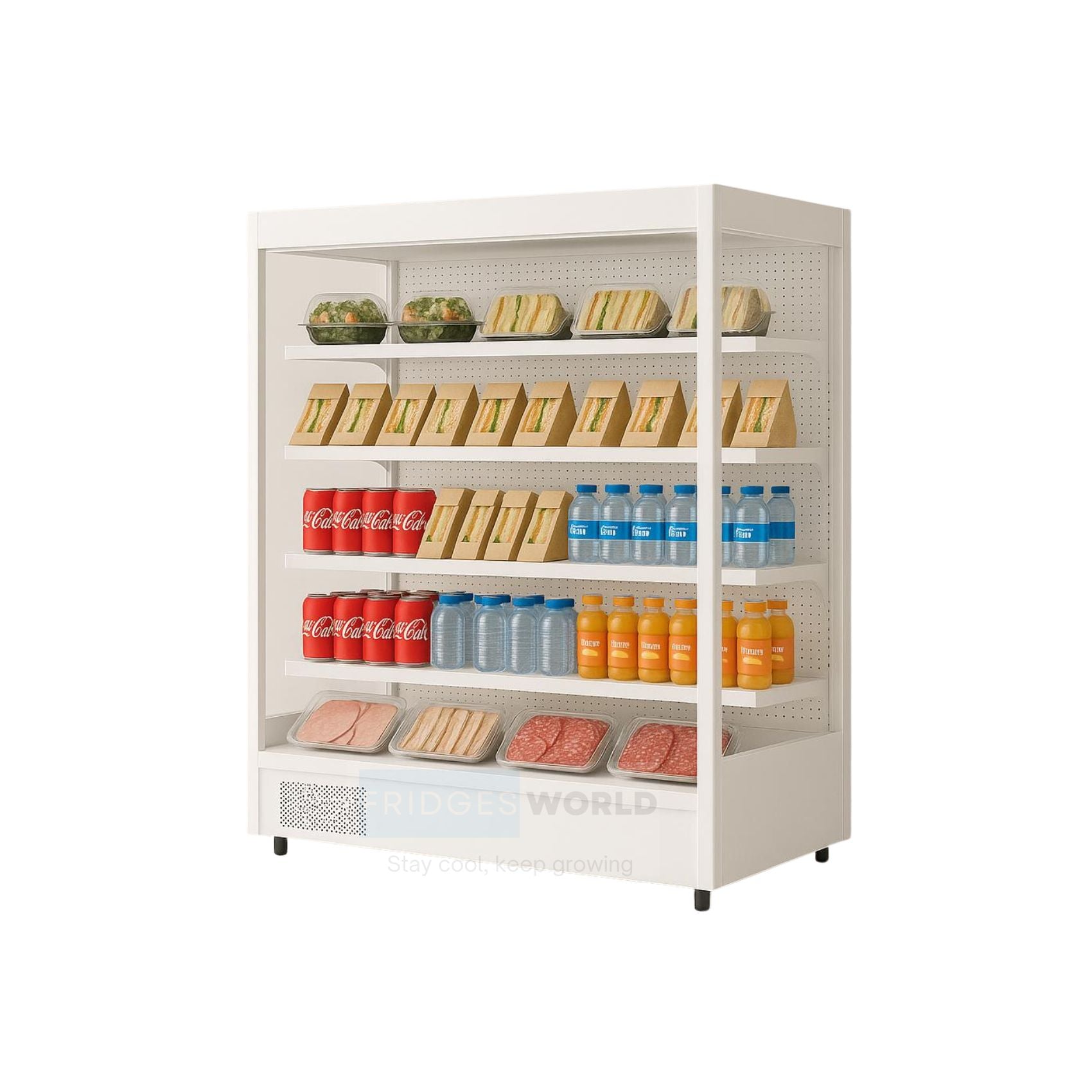 Fridges World open front multideck display fridge – plug-in model ideal for supermarkets and convenience stores, featuring adjustable shelving, LED lighting, and energy-efficient cooling for fresh food and drinks