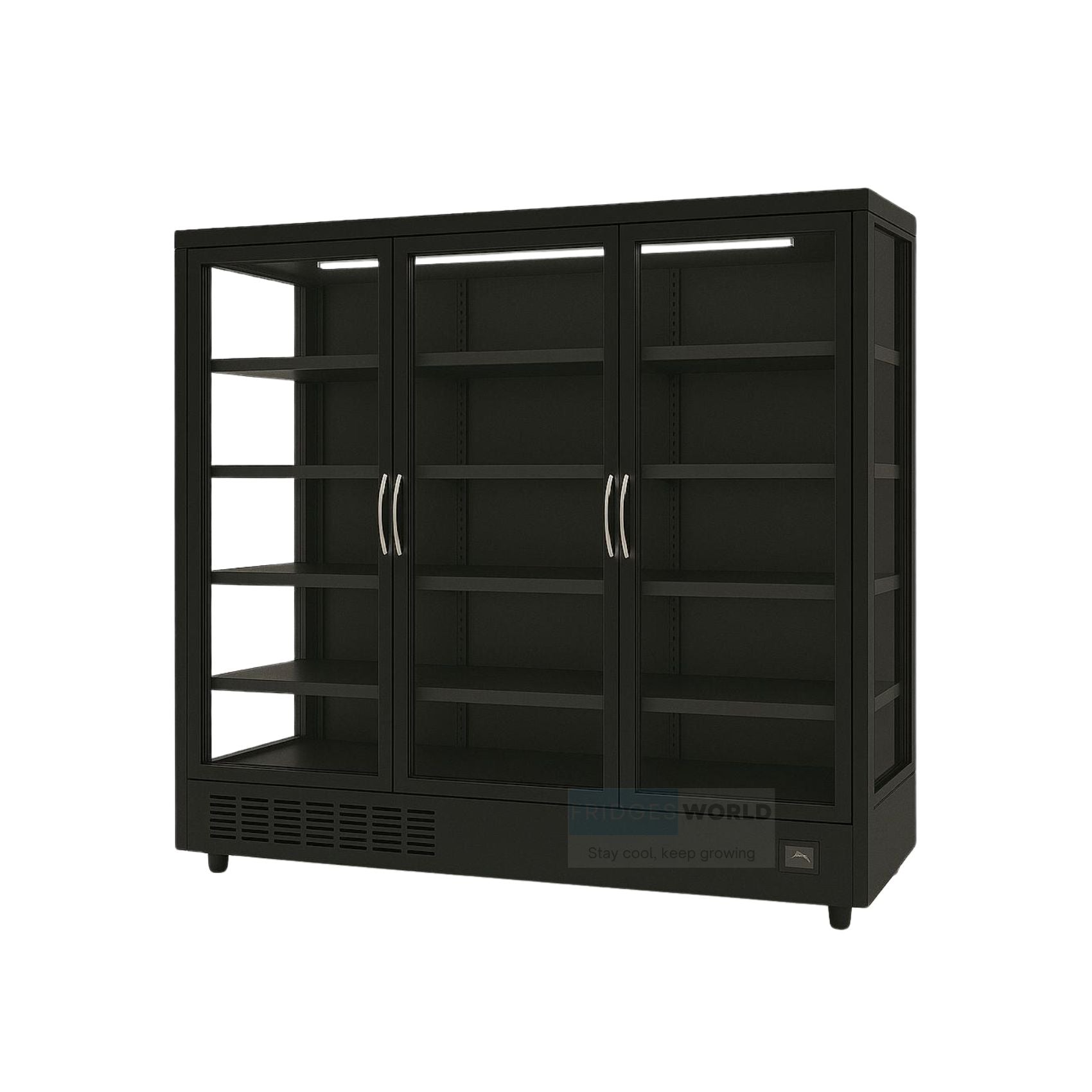 Fridges World 3 Doors multideck display fridge – plug-in model ideal for supermarkets and convenience stores, featuring adjustable shelving, LED lighting, and energy-efficient cooling for fresh food and drinks