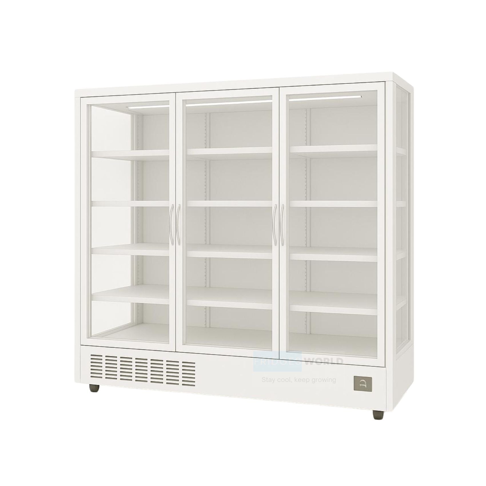 Fridges World 3 Doors multideck display fridge – plug-in model ideal for supermarkets and convenience stores, featuring adjustable shelving, LED lighting, and energy-efficient cooling for fresh food and drinks