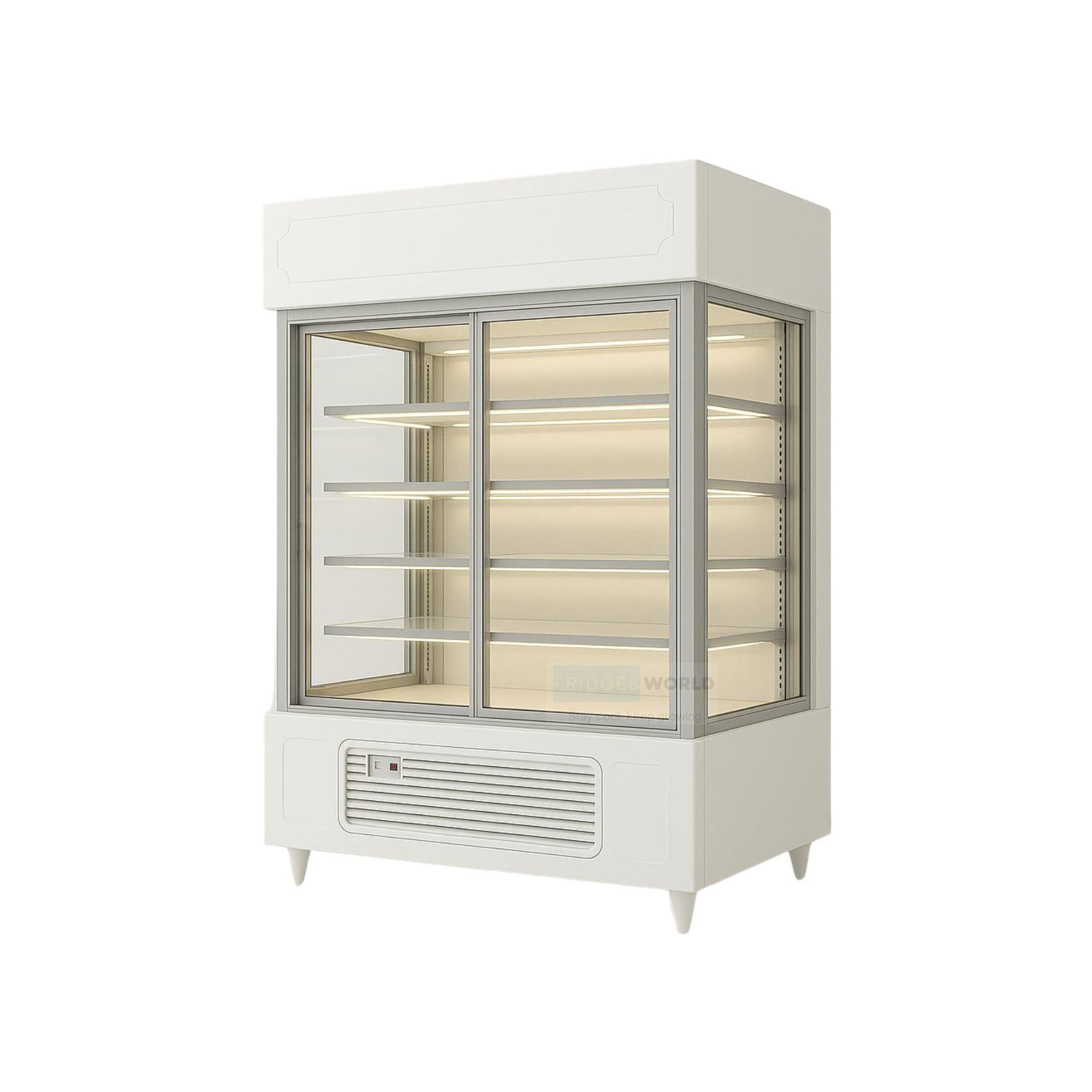 Refrigerated upright cake display case with glass doors and shelves, featuring LED lighting under each shelf and a sleek white body, shown from a slightly right-side angle against a very light grey background.