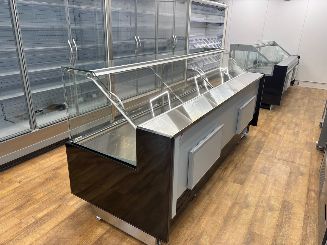 Fridges World Arneg serve over counter fridge with straight glass front, black finish, and LED lighting – ideal for meat and deli display
