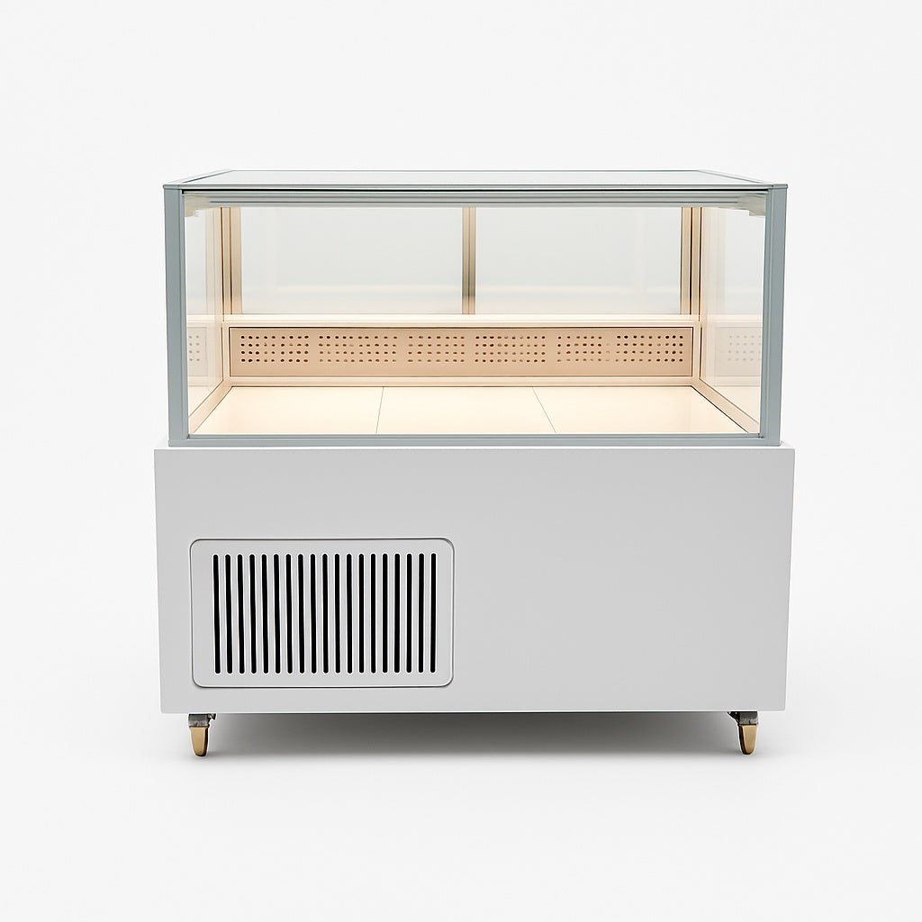 Low-profile cake and fresh food display fridge by Fridges World with open interior and LED lighting, ideal for cafés and delis