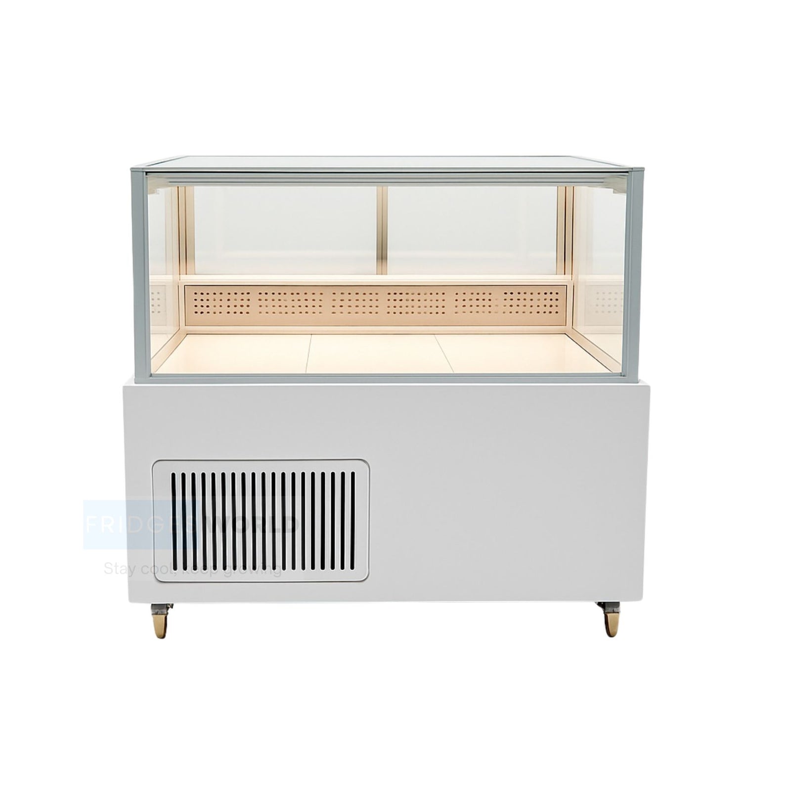 Cake and fresh food display fridge by Fridges World with open interior and LED lighting, ideal for cafés and delis