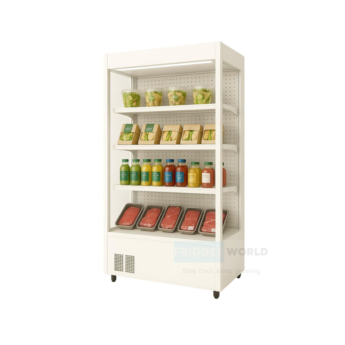 Fridges World open front multideck display fridge – plug-in model ideal for supermarkets and convenience stores, featuring adjustable shelving, LED lighting, and energy-efficient cooling for fresh food and drinks