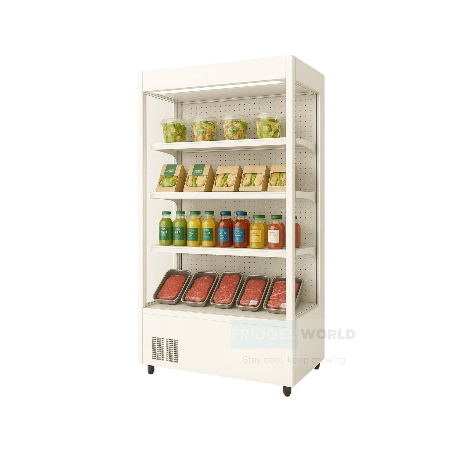 Fridges World open front multideck display fridge – plug-in model ideal for supermarkets and convenience stores, featuring adjustable shelving, LED lighting, and energy-efficient cooling for fresh food and drinks