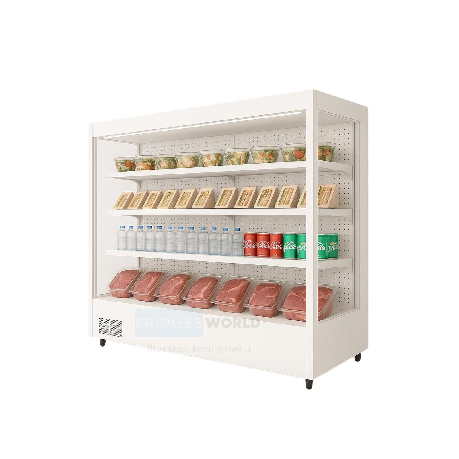 Fridges World open front multideck display fridge – plug-in model ideal for supermarkets and convenience stores, featuring adjustable shelving, LED lighting, and energy-efficient cooling for fresh food and drinks