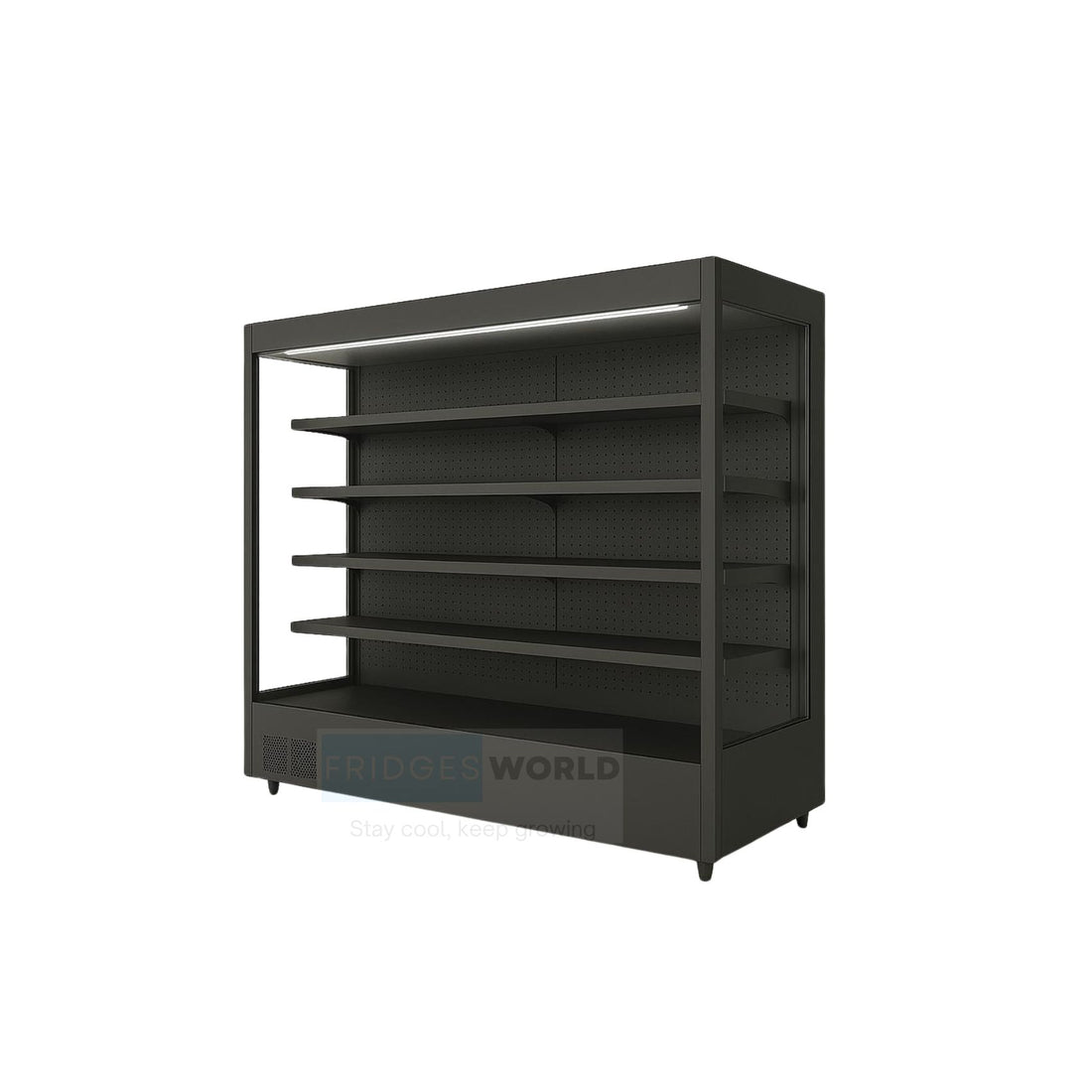 Fridges World open front multideck display fridge – plug-in model ideal for supermarkets and convenience stores, featuring adjustable shelving, LED lighting, and energy-efficient cooling for fresh food and drinks