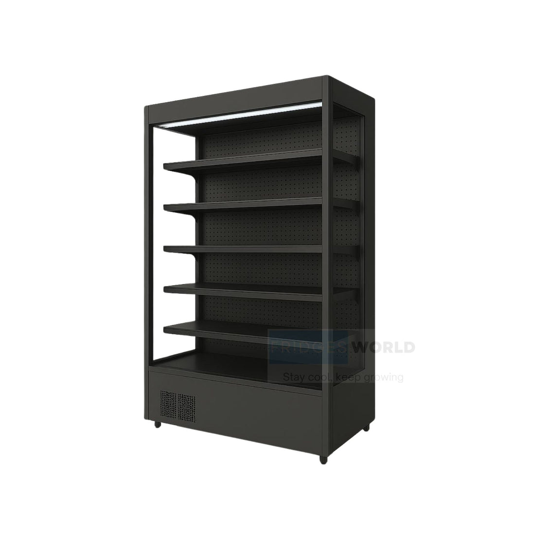 Fridges World open front multideck display fridge – plug-in model ideal for supermarkets and convenience stores, featuring adjustable shelving, LED lighting, and energy-efficient cooling for fresh food and drinks