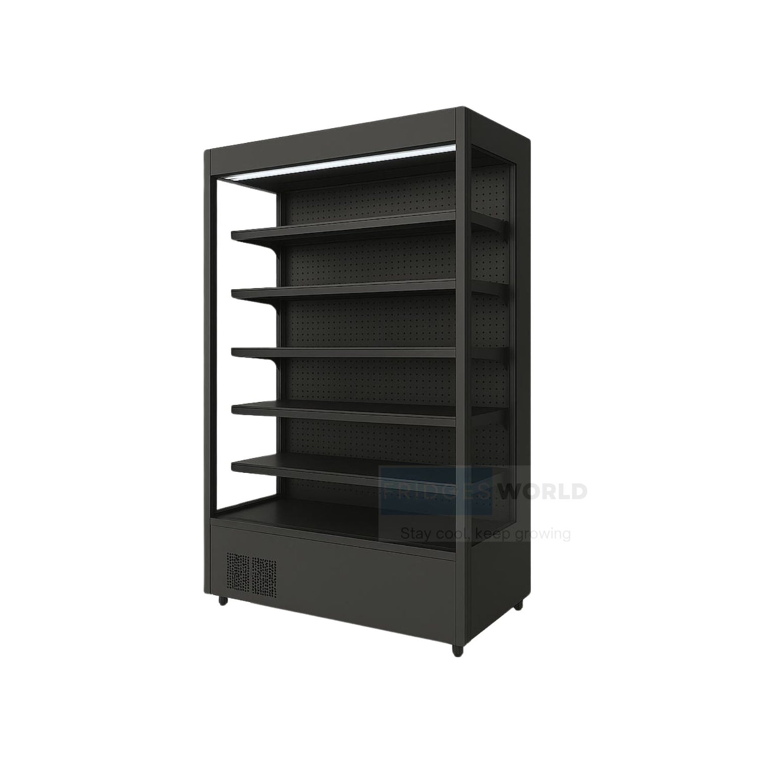 Fridges World open front multideck display fridge – plug-in model ideal for supermarkets and convenience stores, featuring adjustable shelving, LED lighting, and energy-efficient cooling for fresh food and drinks