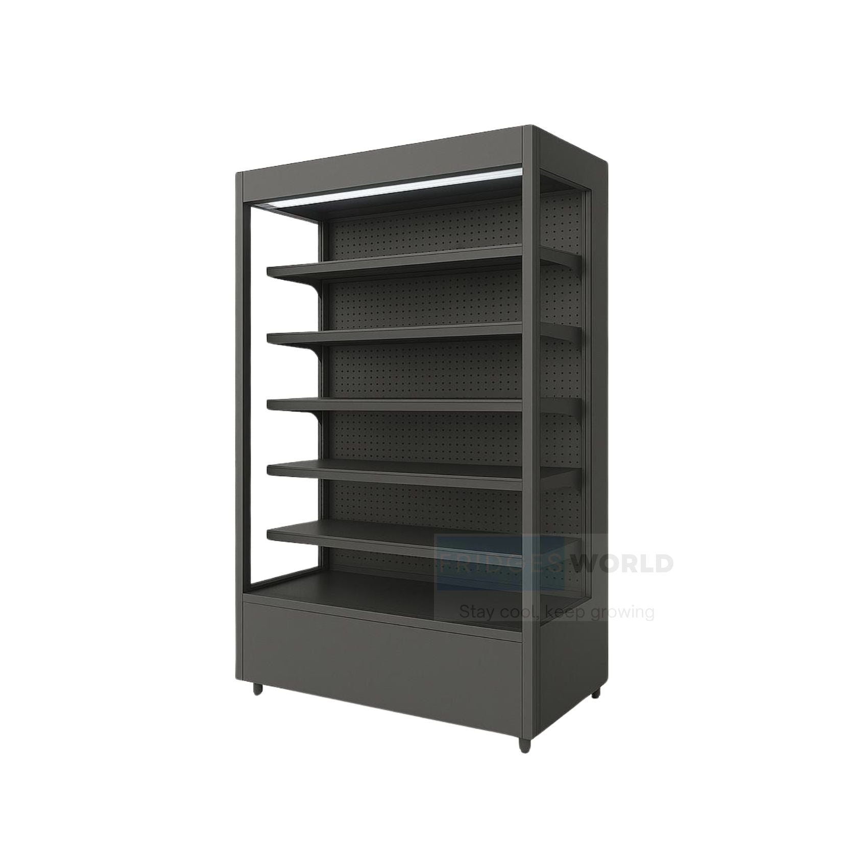 Fridges World open front multideck display fridge – plug-in model ideal for supermarkets and convenience stores, featuring adjustable shelving, LED lighting, and energy-efficient cooling for fresh food and drinks