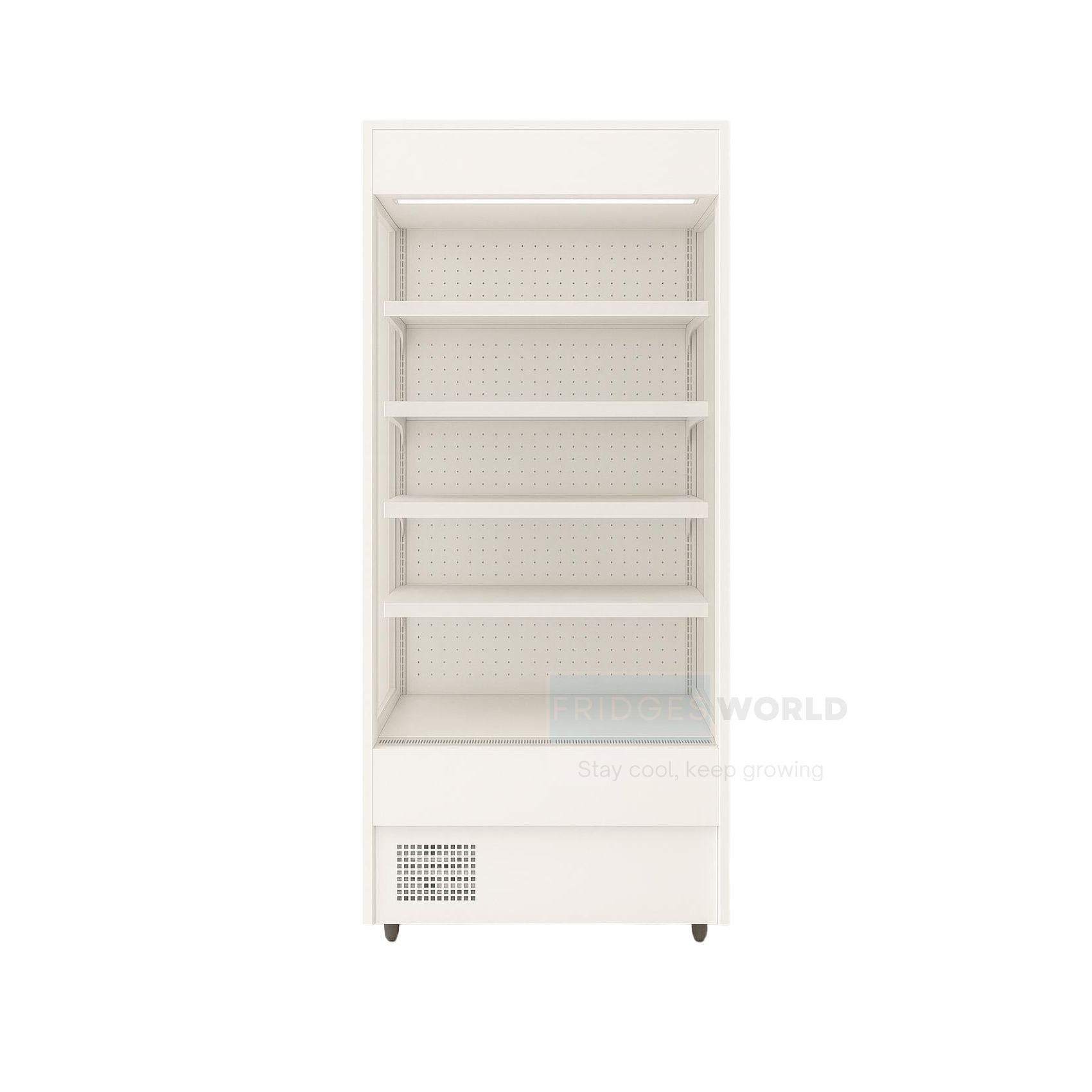Fridges World open front multideck display fridge – plug-in model ideal for supermarkets and convenience stores, featuring adjustable shelving, LED lighting, and energy-efficient cooling for fresh food and drinks
