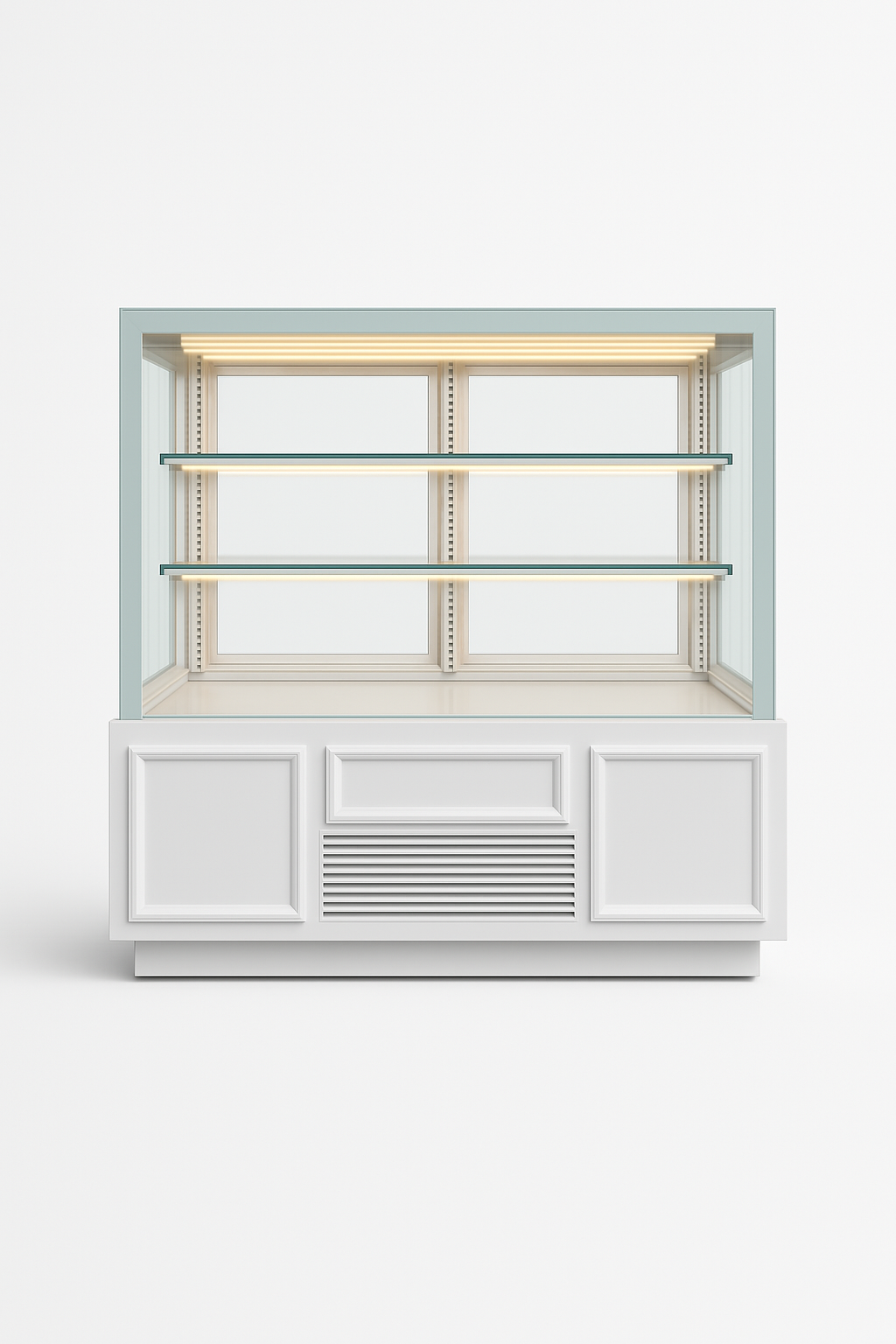 Elegant glass display fridge for cakes, desserts, and cold items