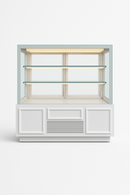 Elegant glass display fridge for cakes, desserts, and cold items