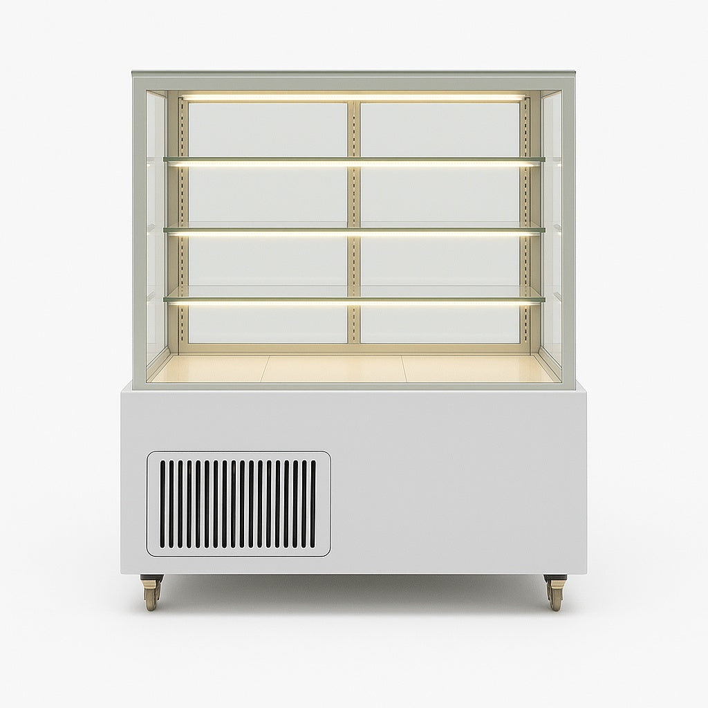 Cake and fresh food display fridge by Fridges World with open interior and LED lighting, ideal for cafés and delis