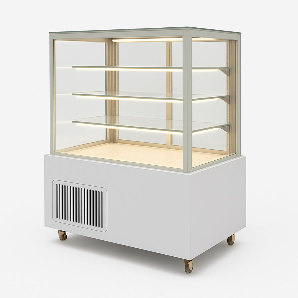 Cake and fresh food display fridge by Fridges World with open interior and LED lighting, ideal for cafés and delis