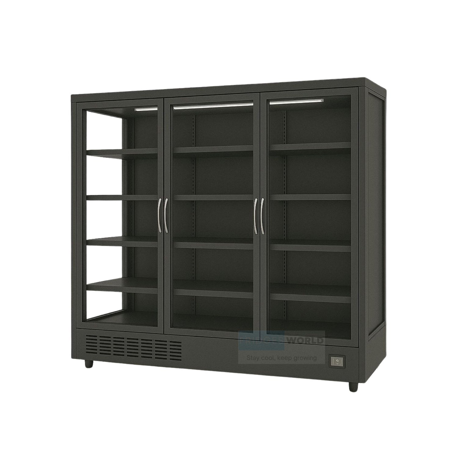 Fridges World 3 Doors multideck display fridge – plug-in model ideal for supermarkets and convenience stores, featuring adjustable shelving, LED lighting, and energy-efficient cooling for fresh food and drinks