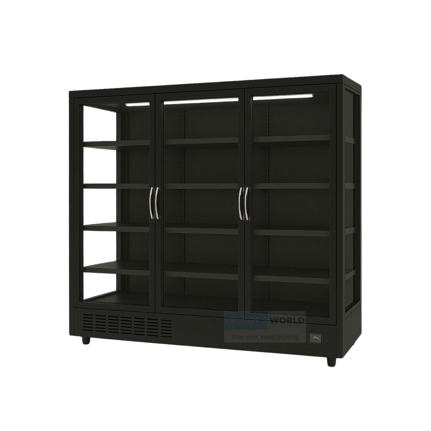 Fridges World 3 Doors multideck display fridge – plug-in model ideal for supermarkets and convenience stores, featuring adjustable shelving, LED lighting, and energy-efficient cooling for fresh food and drinks