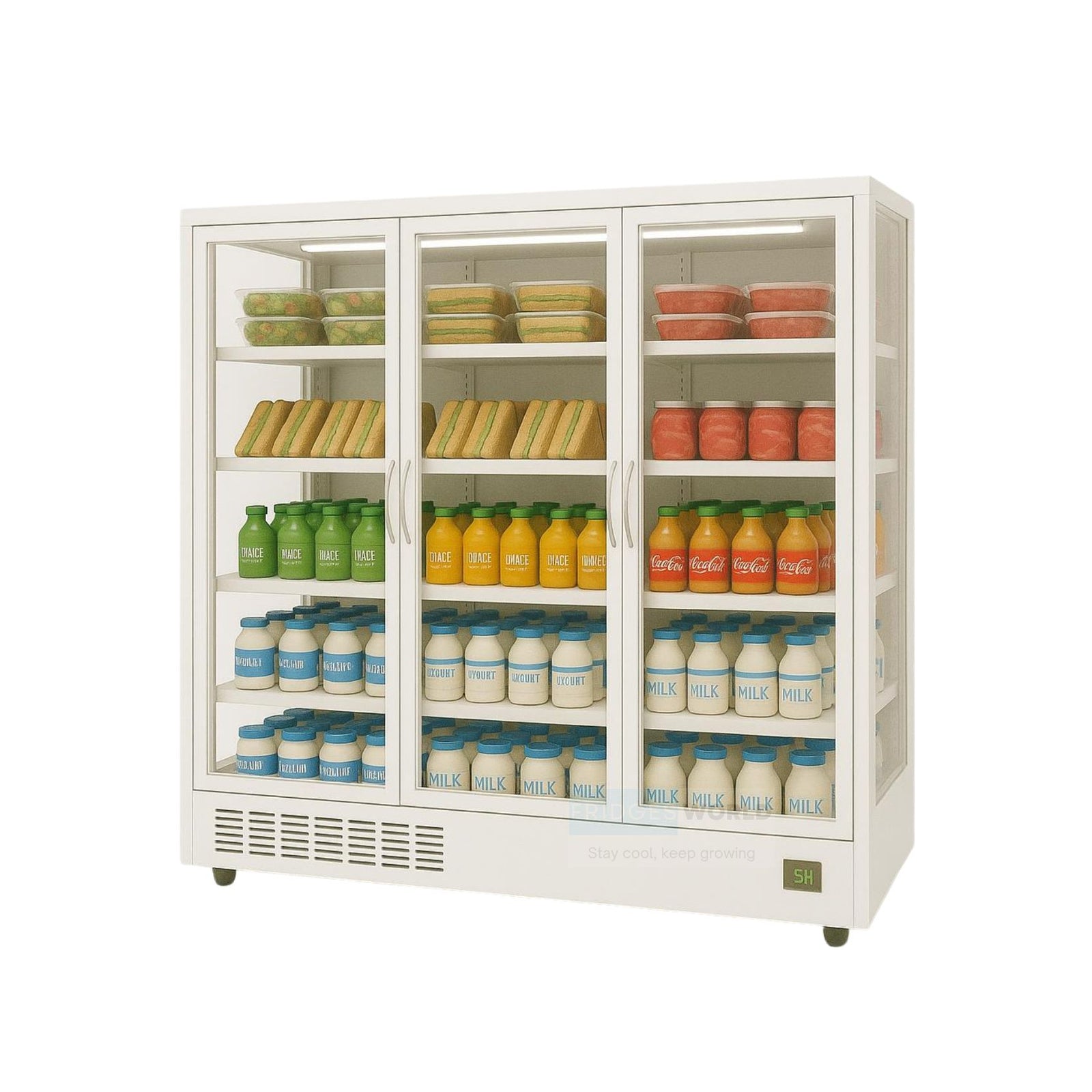 Fridges World 3 Doors multideck display fridge – plug-in model ideal for supermarkets and convenience stores, featuring adjustable shelving, LED lighting, and energy-efficient cooling for fresh food and drinks