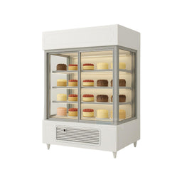 Refrigerated upright cake display case with glass doors and shelves, featuring LED lighting under each shelf and a sleek white body, shown from a slightly right-side angle against a very light grey background.
