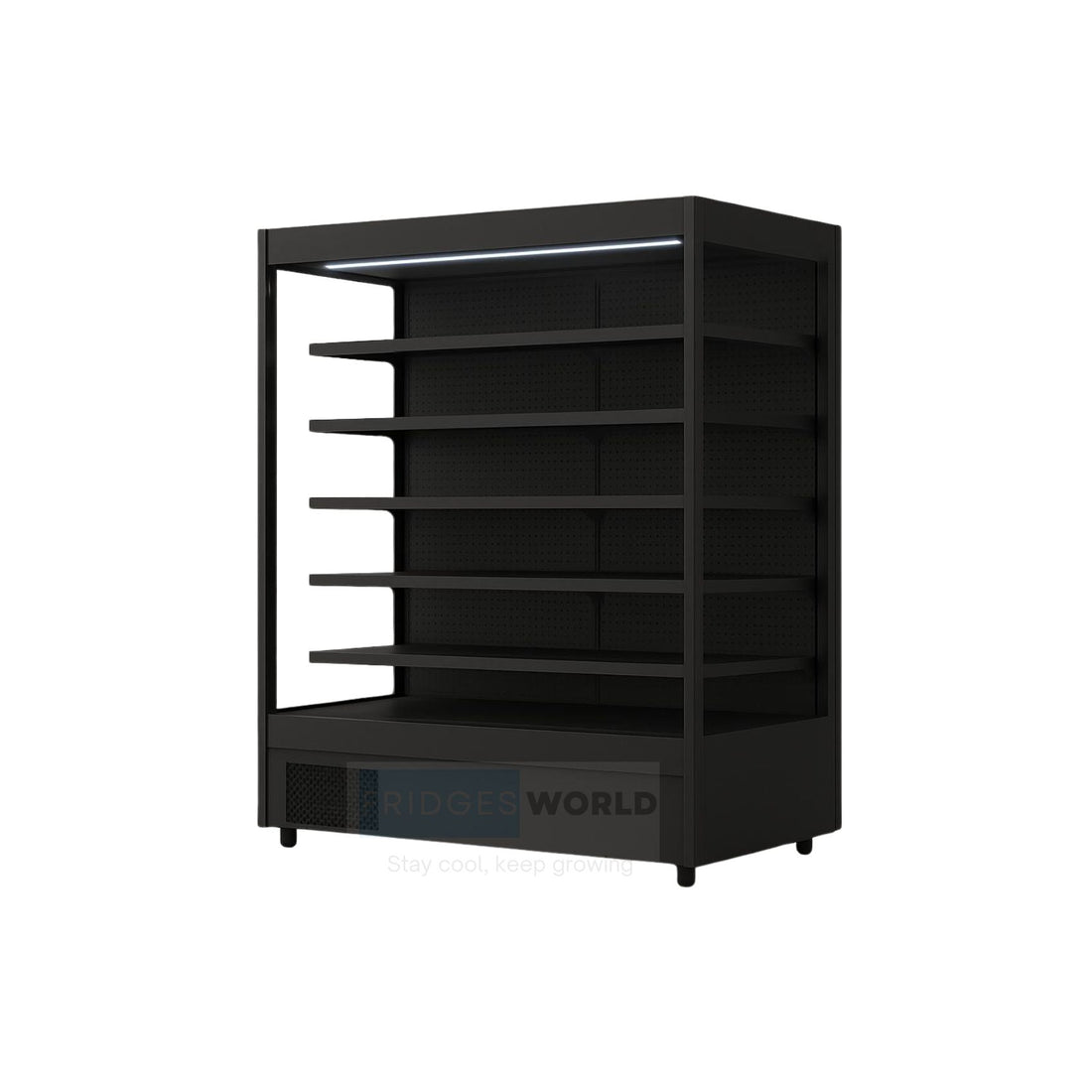 Fridges World open front multideck display fridge – plug-in model ideal for supermarkets and convenience stores, featuring adjustable shelving, LED lighting, and energy-efficient cooling for fresh food and drinks