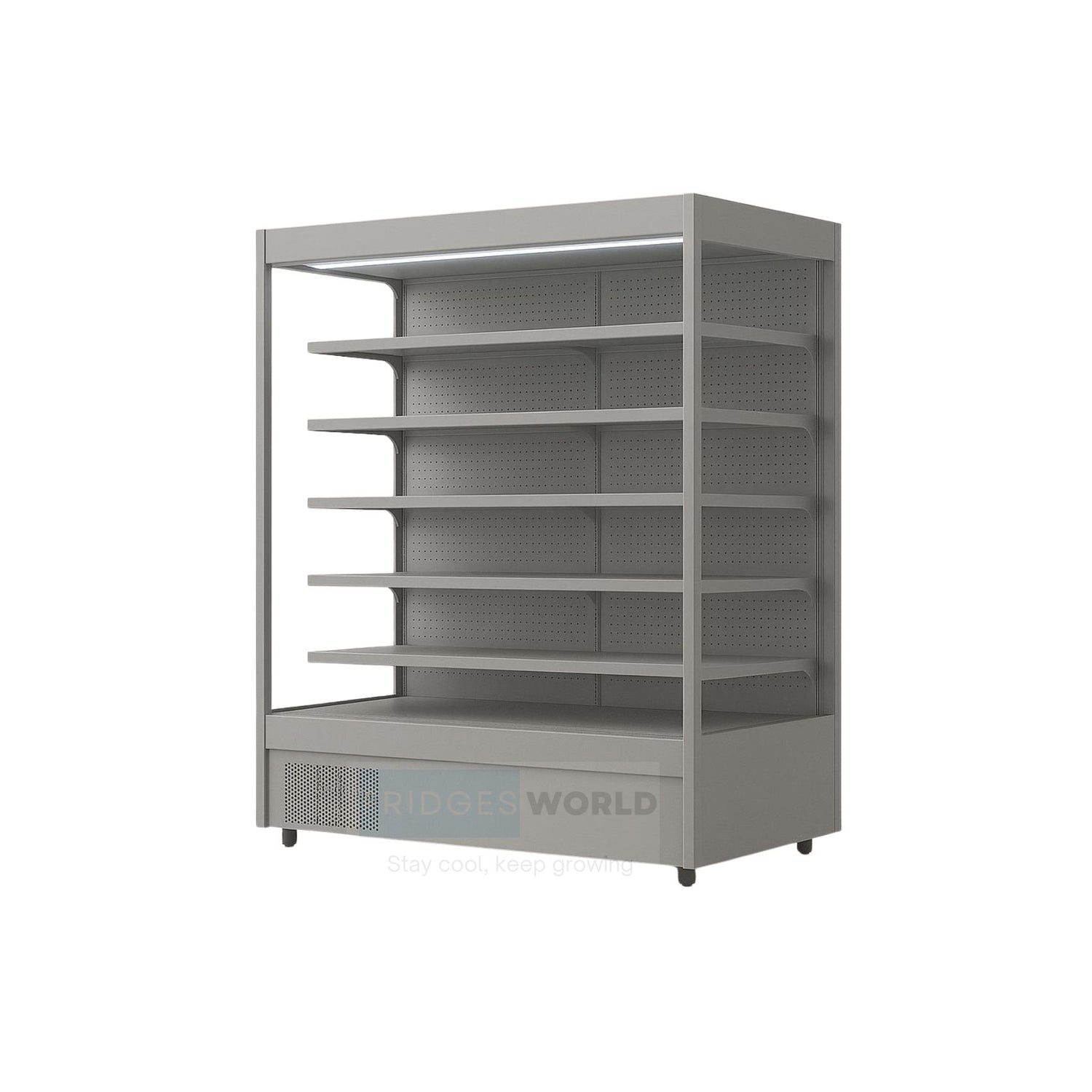 Fridges World open front multideck display fridge – plug-in model ideal for supermarkets and convenience stores, featuring adjustable shelving, LED lighting, and energy-efficient cooling for fresh food and drinks