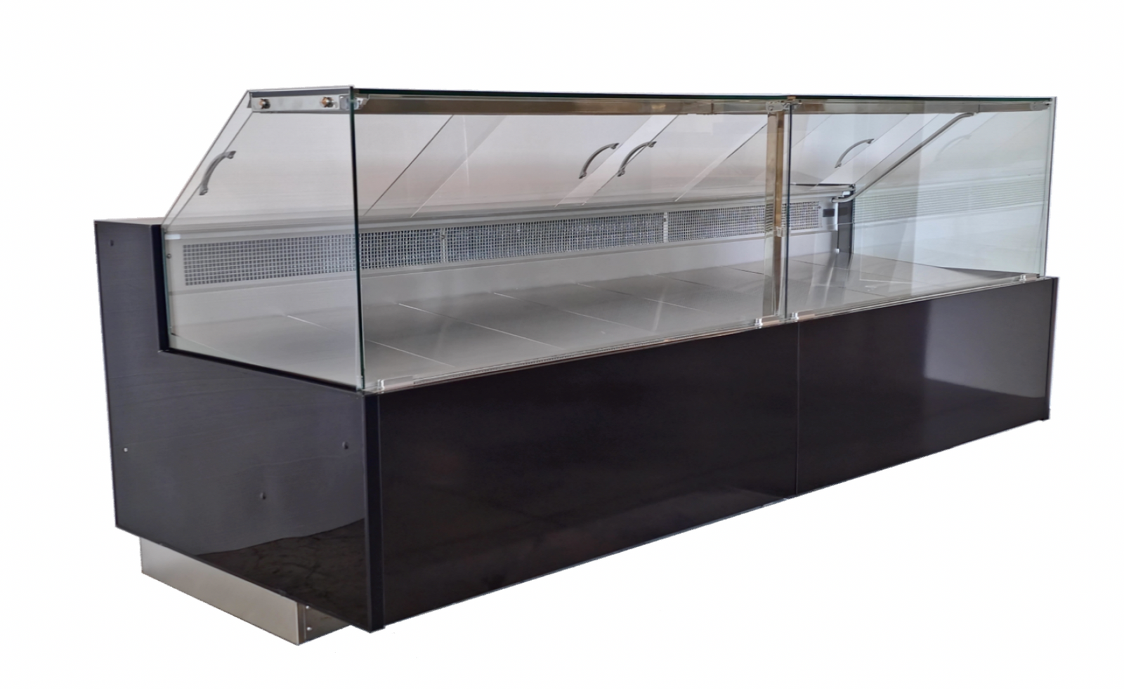 Fridges World Arneg serve over counter fridge with straight glass front, black finish, and LED lighting – ideal for meat and deli display