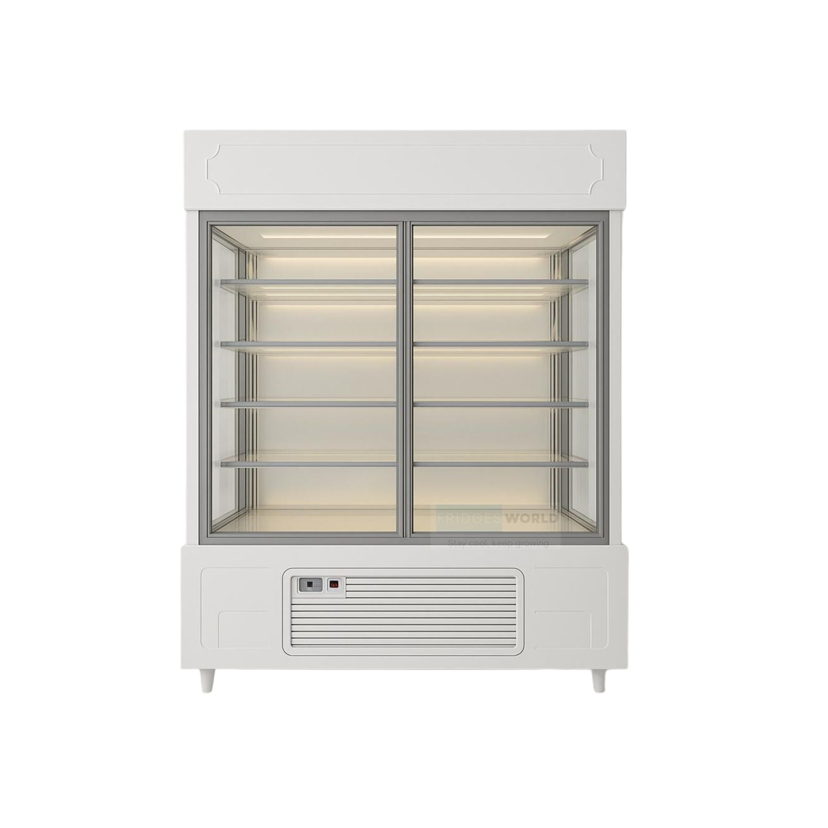 Refrigerated upright cake display case with glass doors and shelves, featuring LED lighting under each shelf and a sleek white body, shown from a slightly right-side angle against a very light grey background.