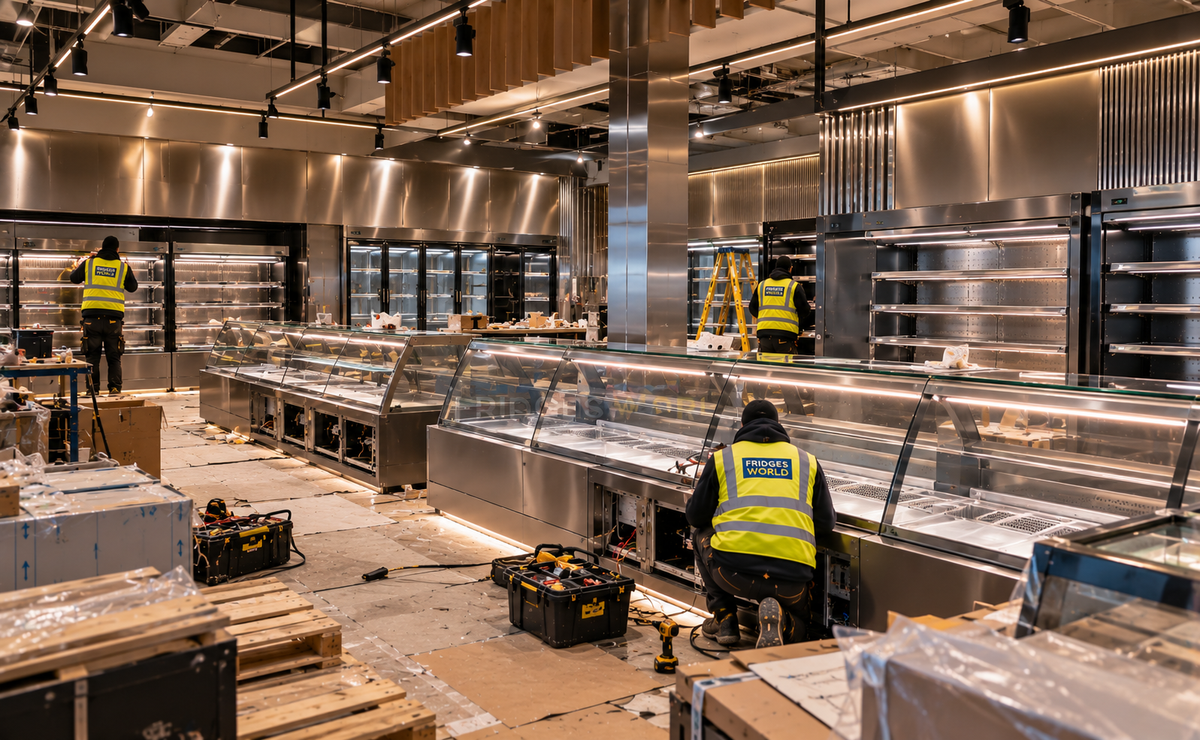 A large butcher display installation in progress, featuring stainless steel counters, glass display cases, and work zones with three construction workers wearing high-visibility safety vests in a modern interior space.